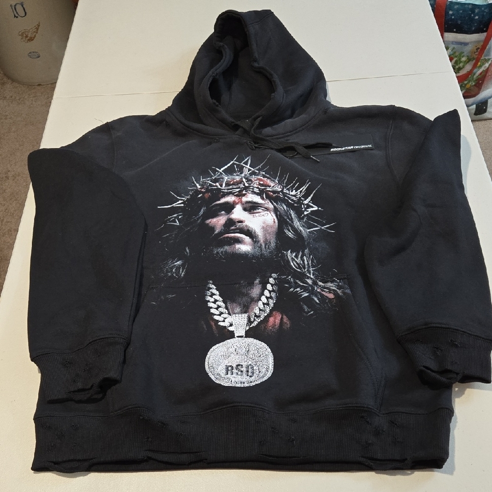 ROCKSTAR Original Distressed Black Graphic Hoodie, Size Large, NWT